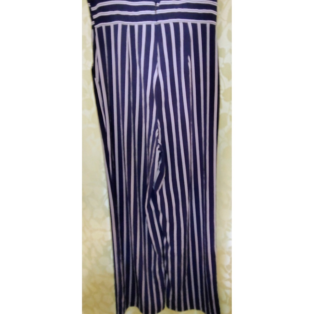 Tahari Navy Blue White Striped Wide Leg Sleeveless Jumpsuit with Pockets - Picture 5 of 16